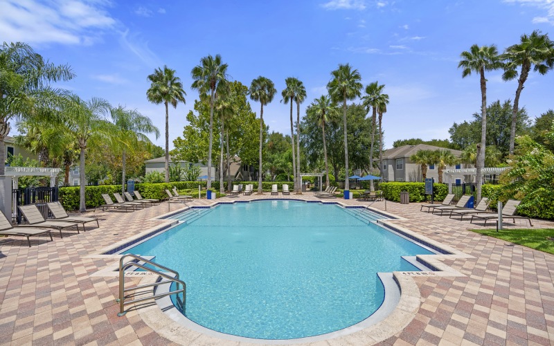 Relax and unwind poolside a pool with trees around it