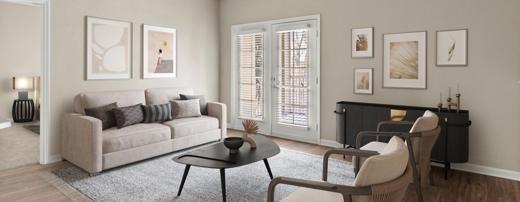 a living room with a couch and a table